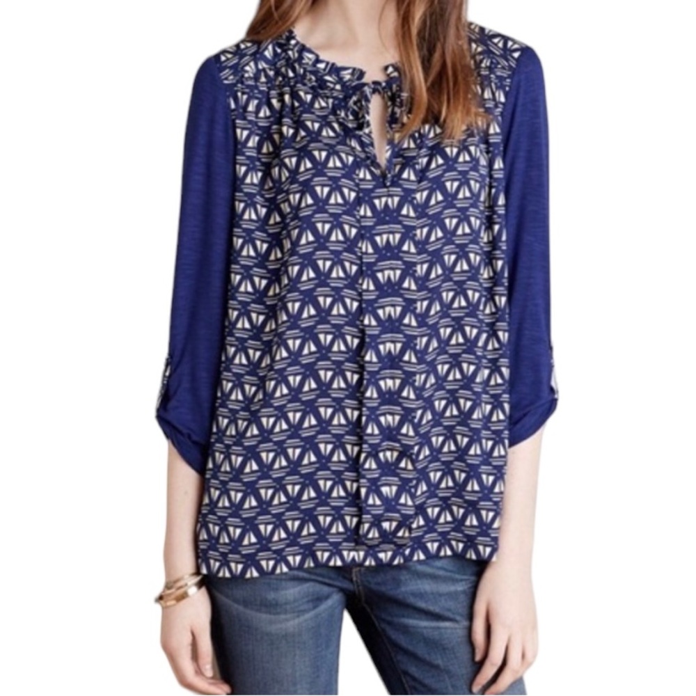 Anthropologie Meadow Rue Blue and Cream Boat Mixed Material "Evella" Blouse